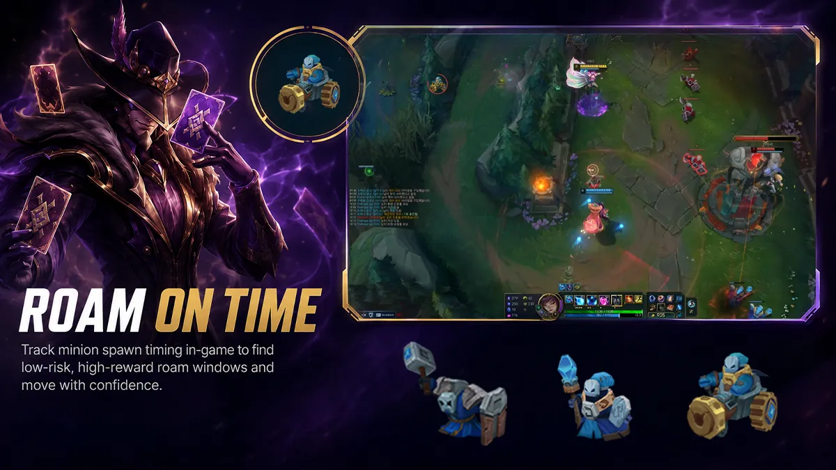 Teamgap.gg 미니언 타이머가 표시된 실제 League of Legends 게임 화면